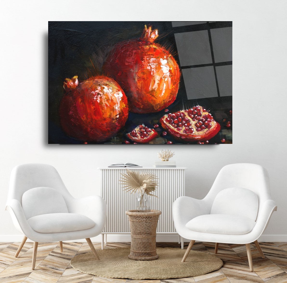 Deux grenades, tableau en verre