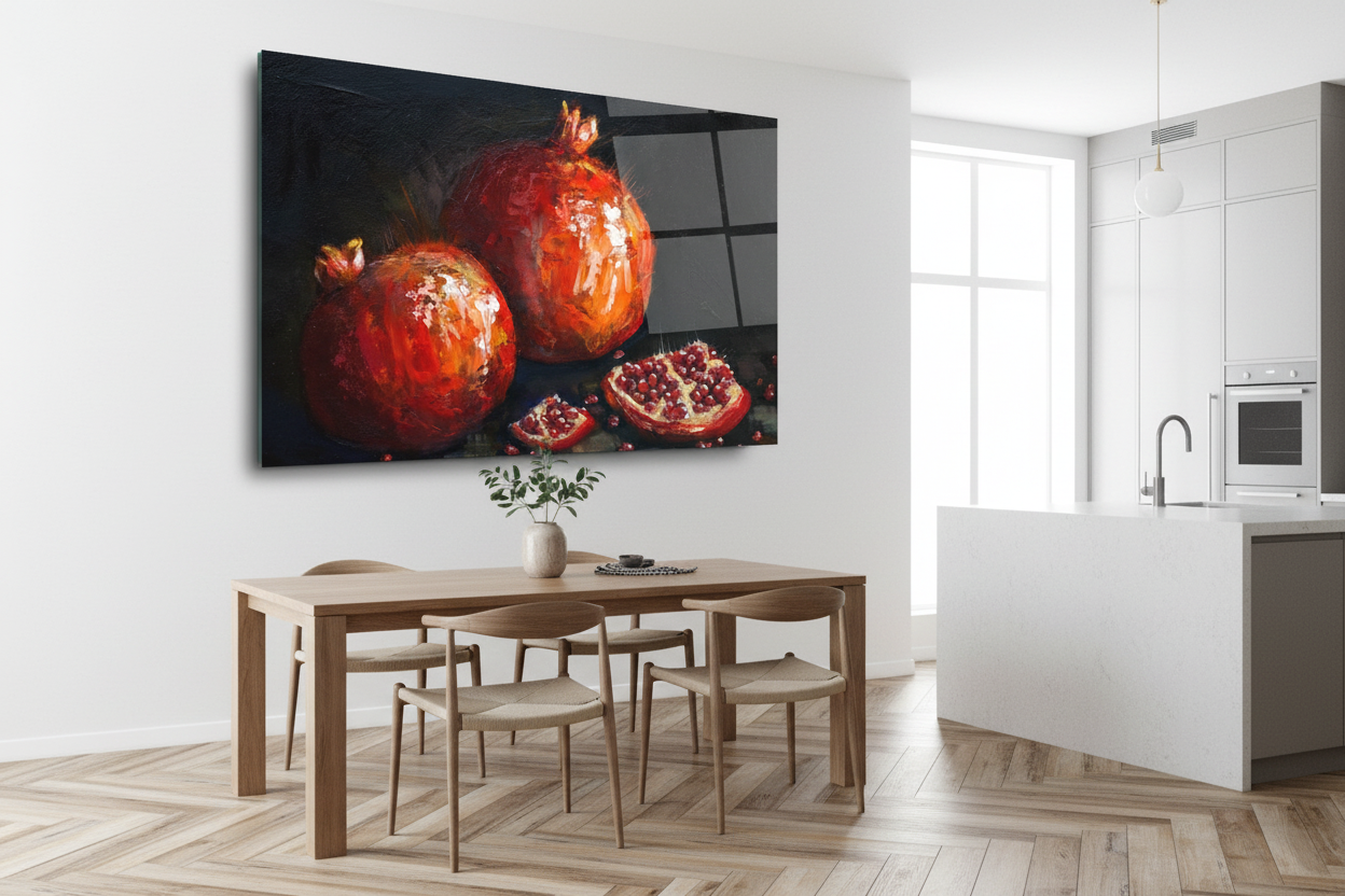 Deux grenades, tableau en verre