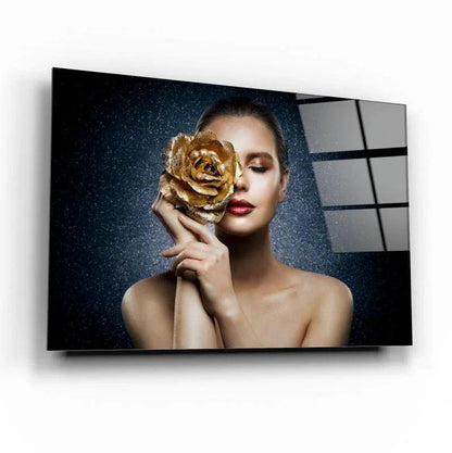 Woman with Rose Glass Wall Art - LUXARTDECO
