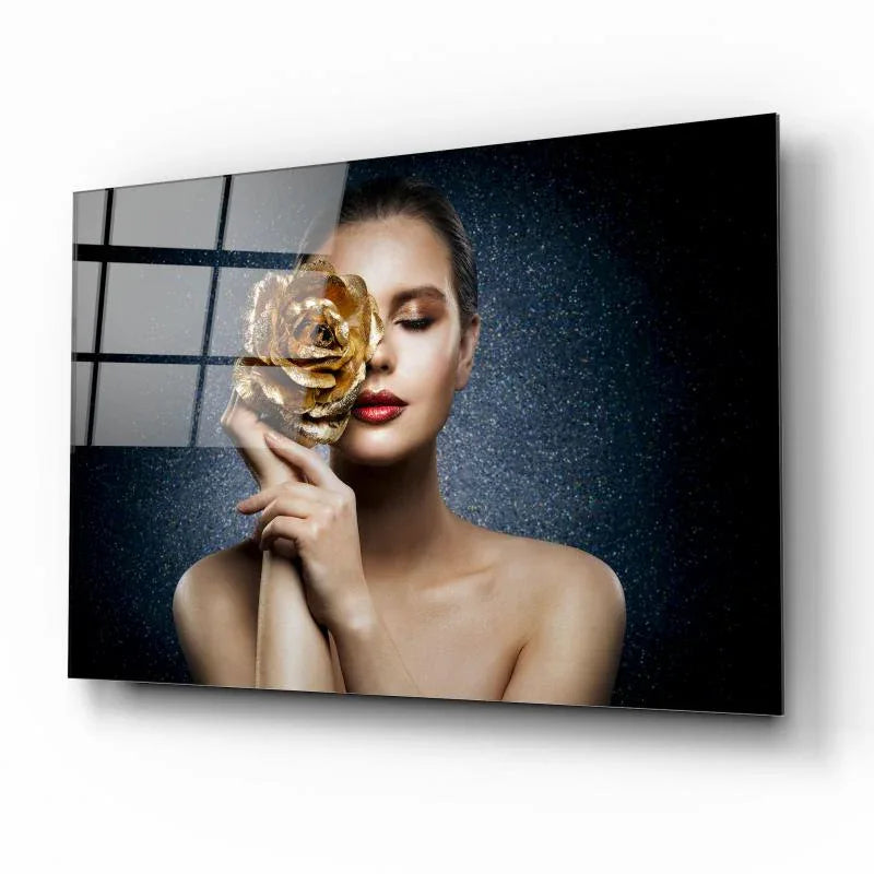 Woman with Rose Glass Wall Art - LUXARTDECO