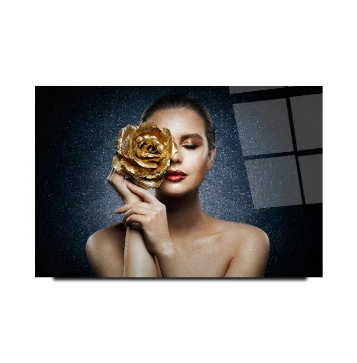 Woman with Rose Glass Wall Art - LUXARTDECO
