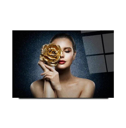 Woman with Rose Glass Wall Art - LUXARTDECO