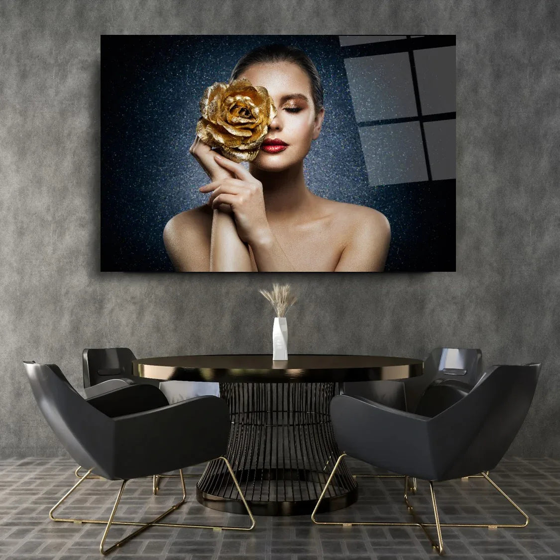 Woman with Rose Glass Wall Art - LUXARTDECO