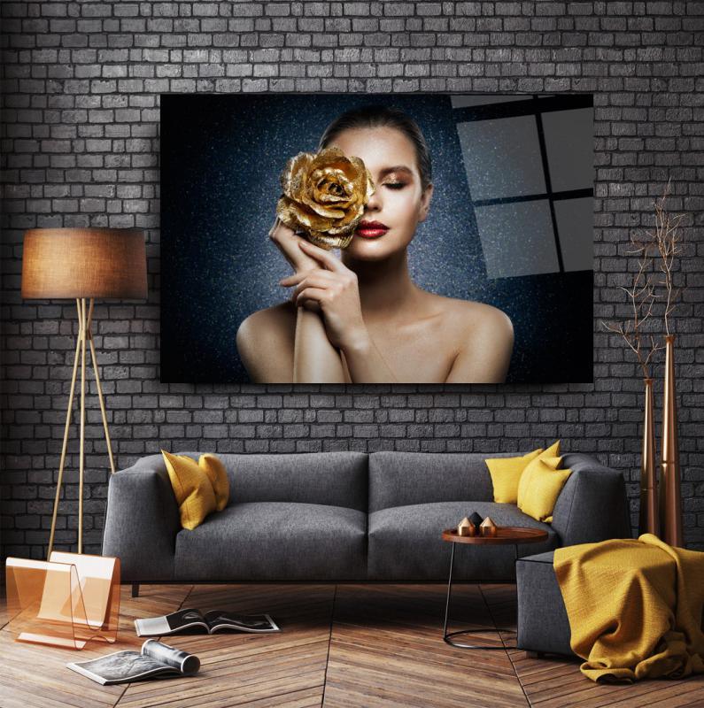 Woman with Rose Glass Wall Art - LUXARTDECO