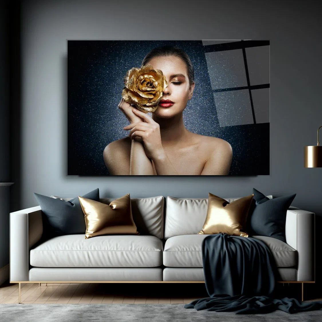 Woman with Rose Glass Wall Art - LUXARTDECO