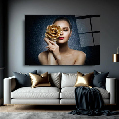 Woman with Rose Glass Wall Art - LUXARTDECO