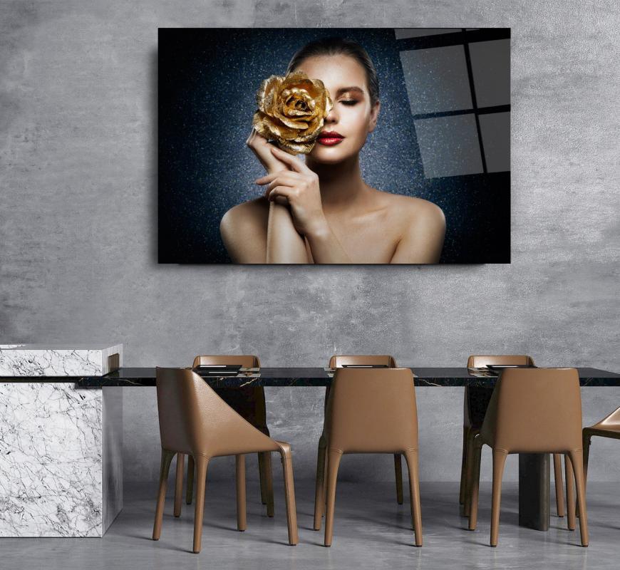 Woman with Rose Glass Wall Art - LUXARTDECO
