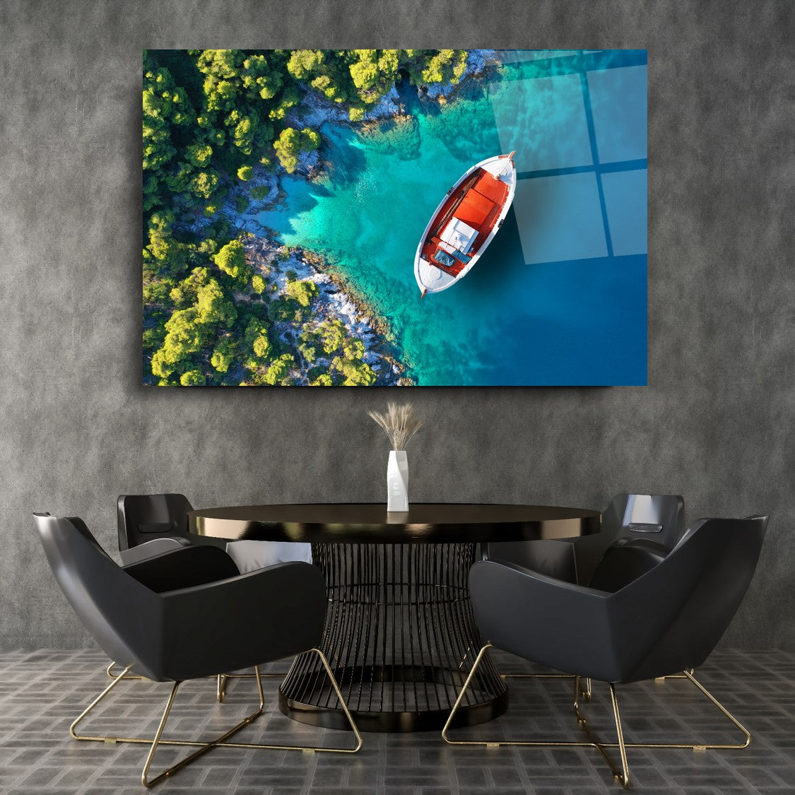 Tableau mural en verre représentant un bateau sur la plage