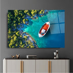 Tableau mural en verre représentant un bateau sur la plage