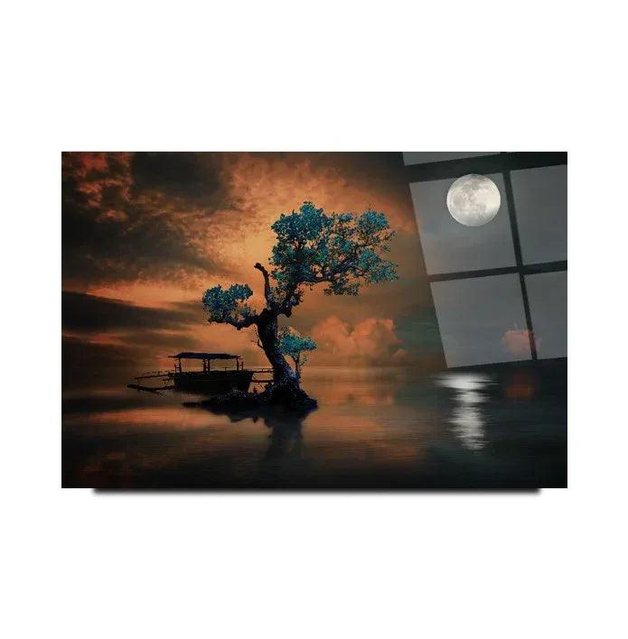 Tree and Moon Glass Wall Art - LUXARTDECO