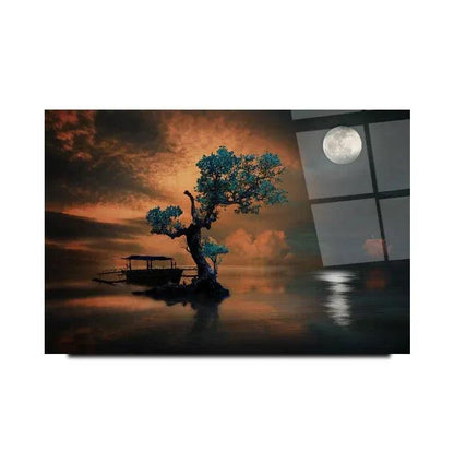 Tree and Moon Glass Wall Art - LUXARTDECO