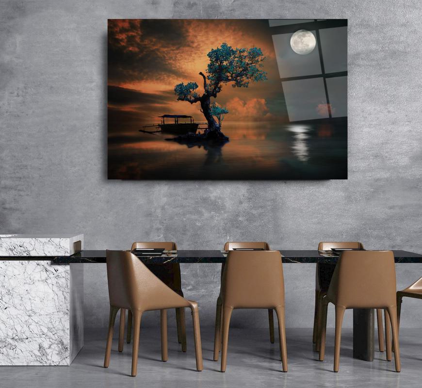 Tree and Moon Glass Wall Art - LUXARTDECO