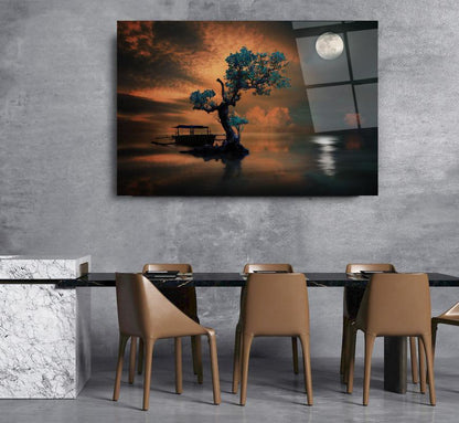 Tree and Moon Glass Wall Art - LUXARTDECO