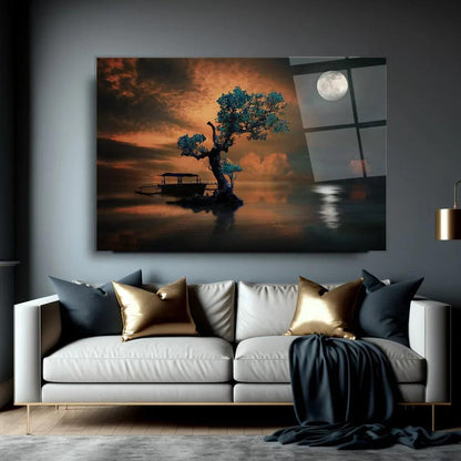 Tree and Moon Glass Wall Art - LUXARTDECO