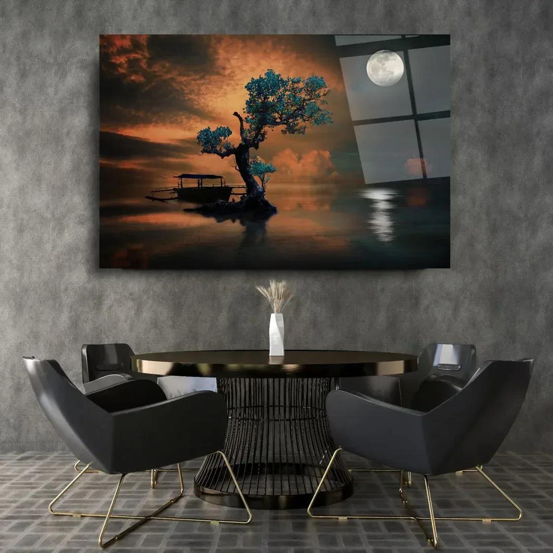 Tree and Moon Glass Wall Art - LUXARTDECO