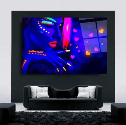 Neon Woman Face Glass Wall Art - LUXARTDECO