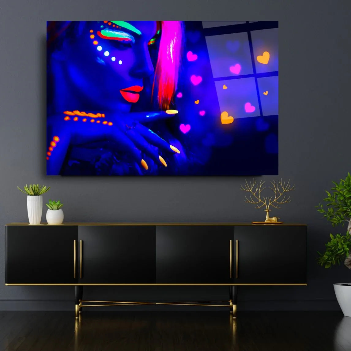 Neon Woman Face Glass Wall Art - LUXARTDECO