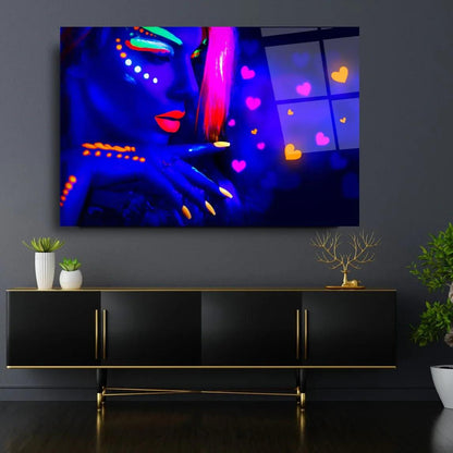 Neon Woman Face Glass Wall Art - LUXARTDECO