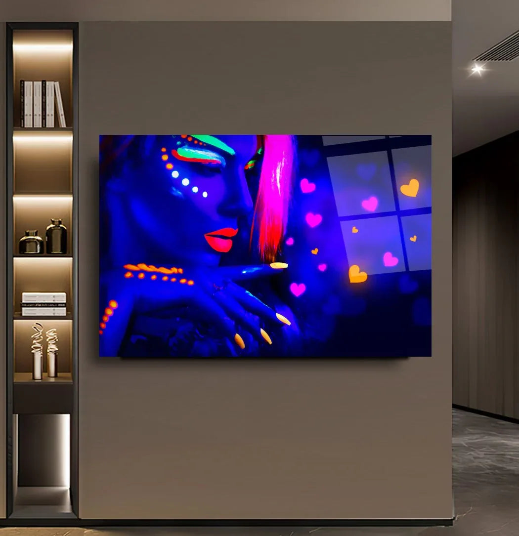 Neon Woman Face Glass Wall Art - LUXARTDECO