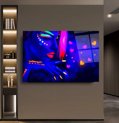 Neon Woman Face Glass Wall Art - LUXARTDECO