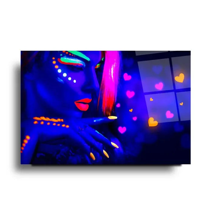 Neon Woman Face Glass Wall Art - LUXARTDECO