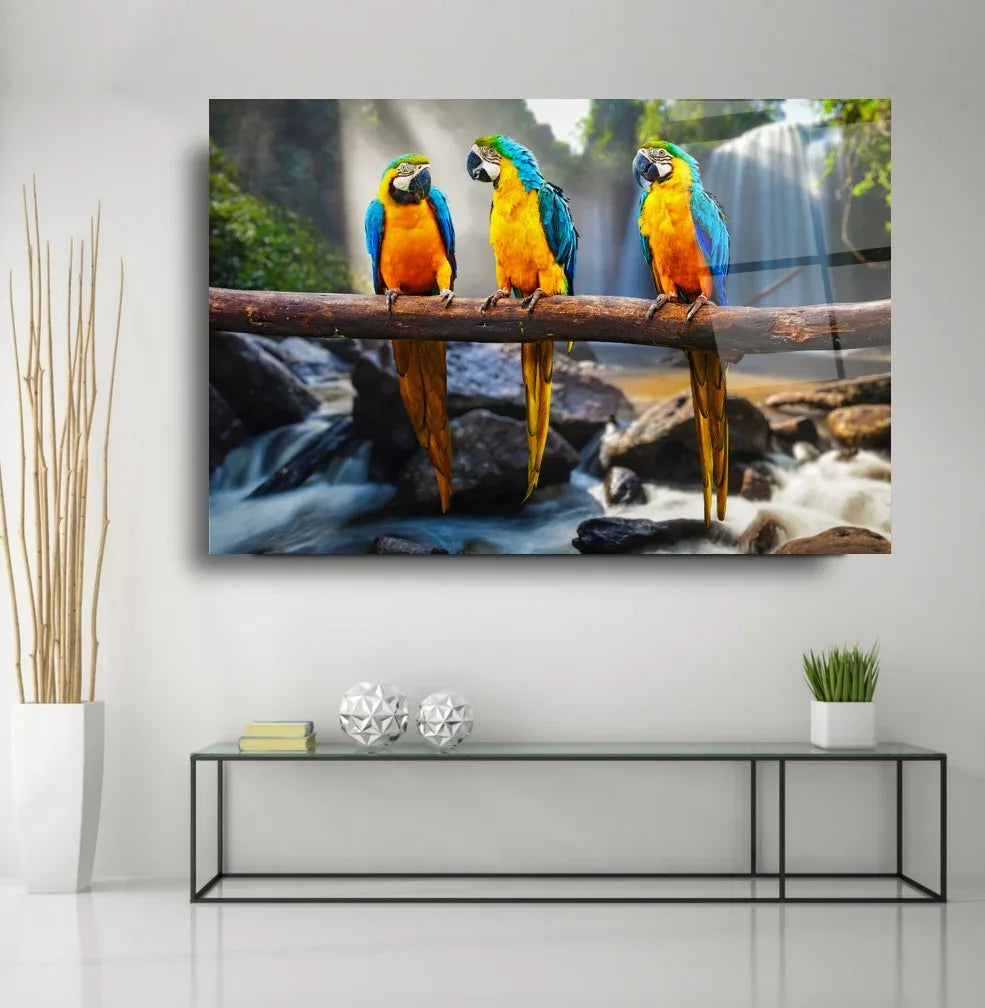 Three Parrots Glass Wall Art - LUXARTDECO