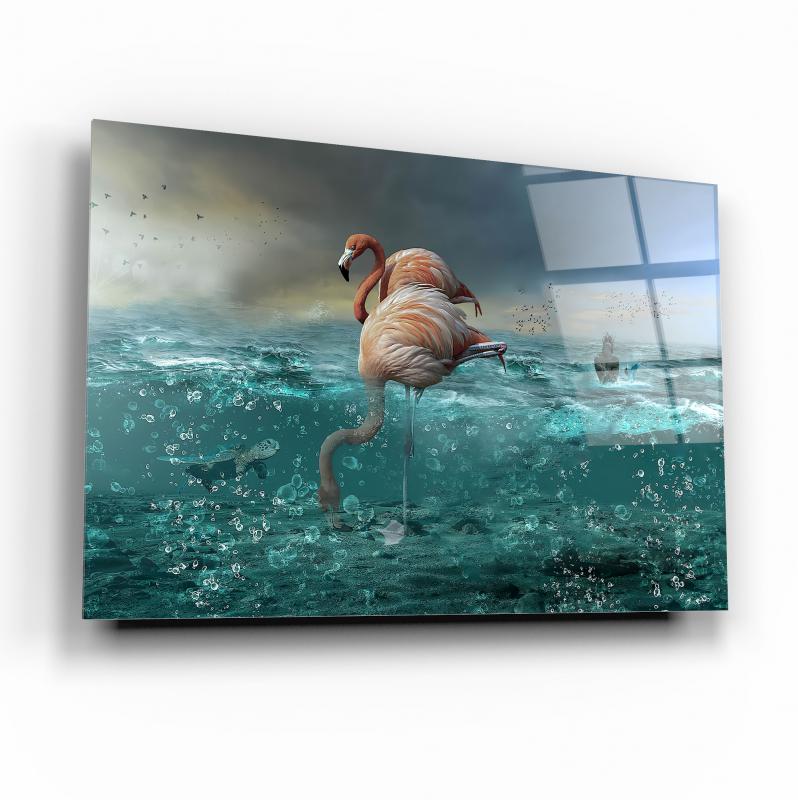 Flamingo et l'océan Tableau en Verre Trempé
