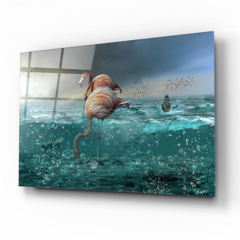 Flamingo et l'océan Tableau en Verre Trempé