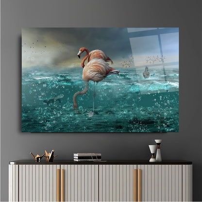 Flamingo et l'océan Tableau en Verre Trempé