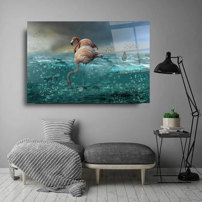 Flamingo et l'océan Tableau en Verre Trempé