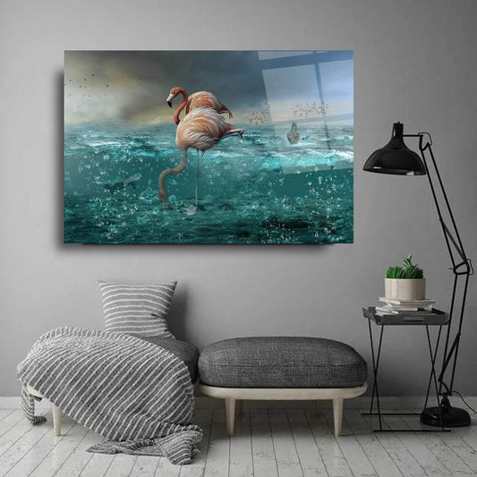Flamingo et l'océan Tableau en Verre Trempé