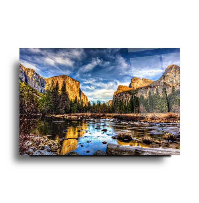 Art mural en verre représentant des montagnes et des lacs