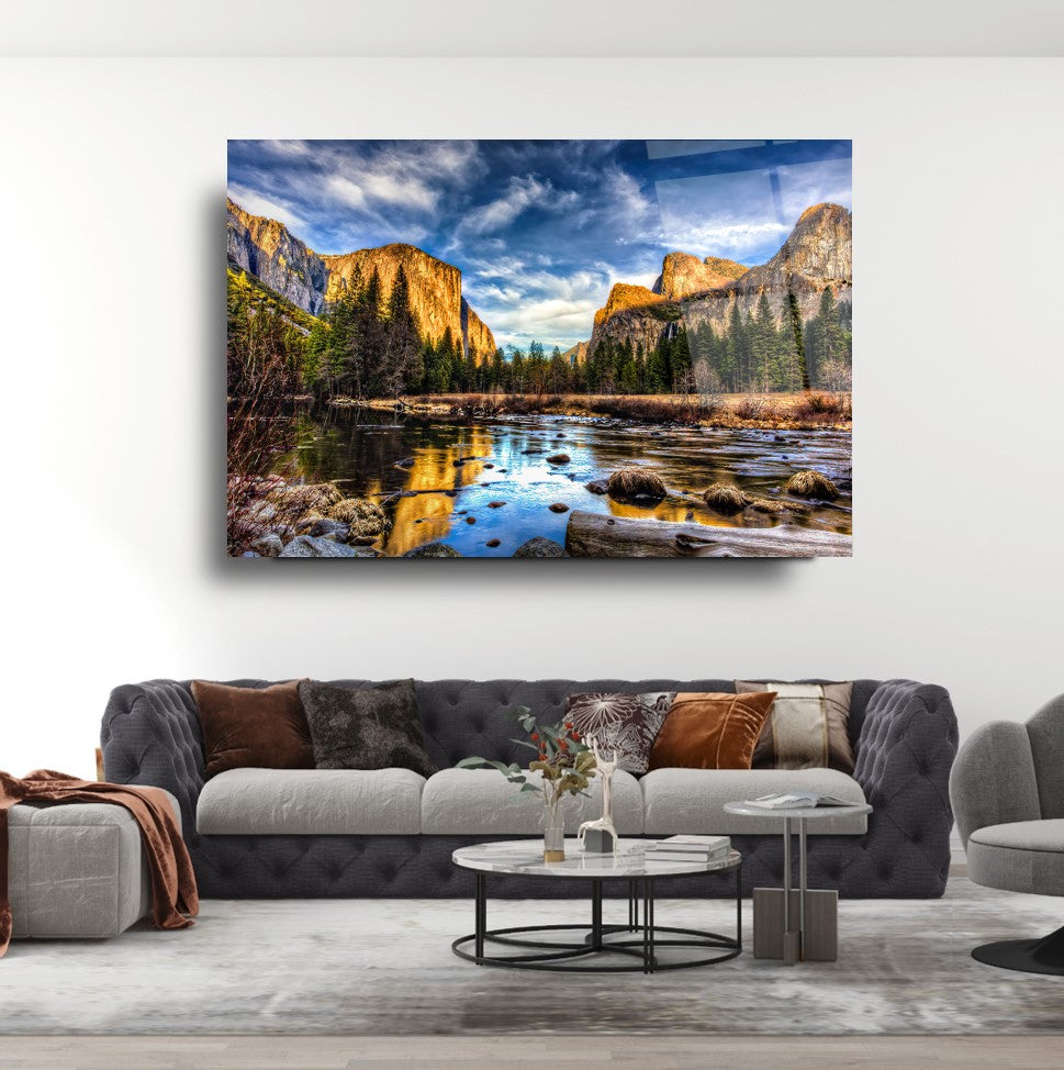 Art mural en verre représentant des montagnes et des lacs