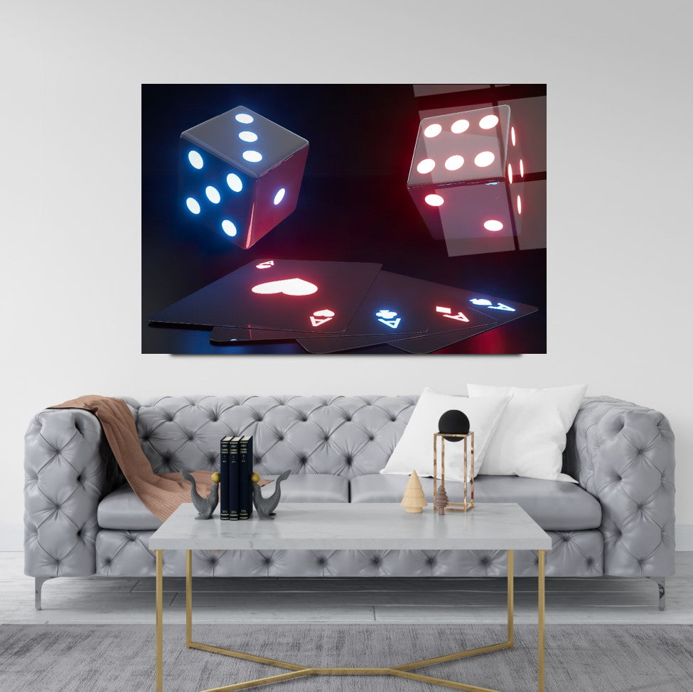 Tableau mural en verre avec cartes à jouer néon