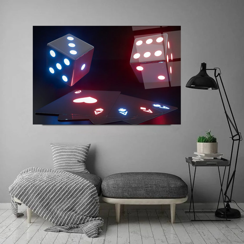 Tableau mural en verre avec cartes à jouer néon