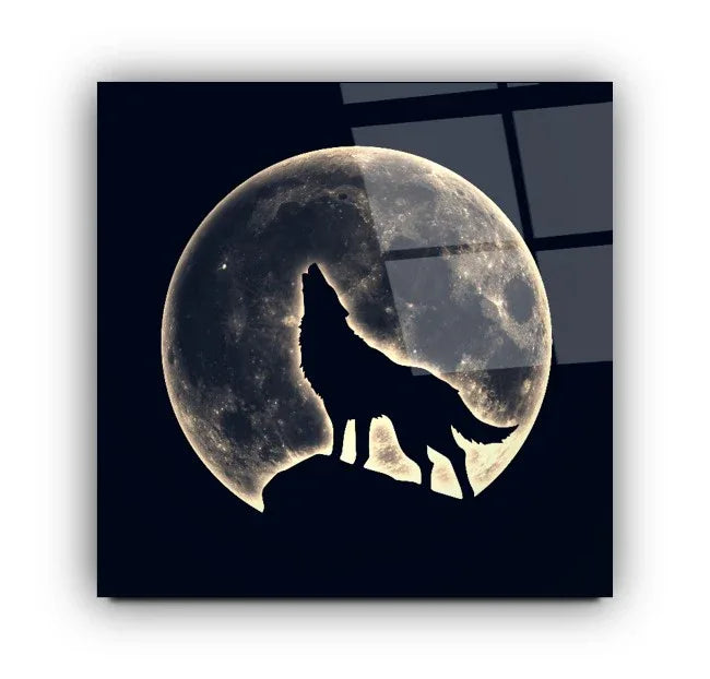 Wolf and Moon Glass Wall Art - LUXARTDECO