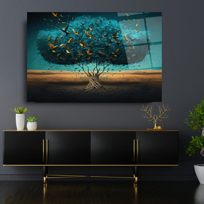 Arbre et Oiseaux Tableau en Verre Trempé