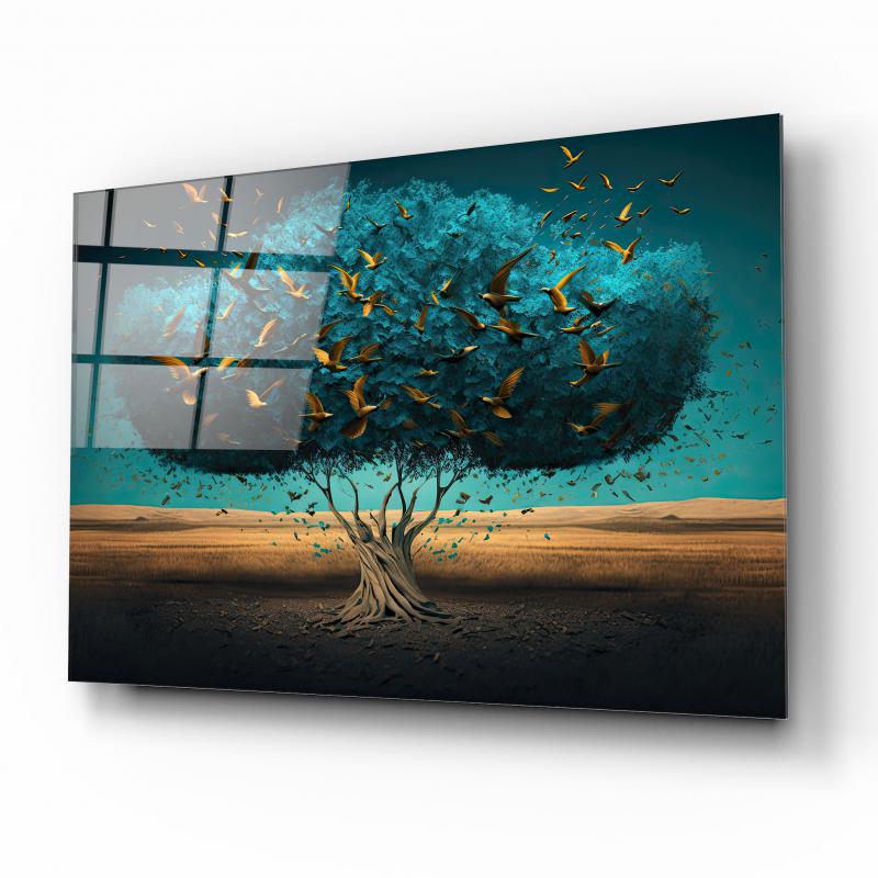 Arbre et Oiseaux Tableau en Verre Trempé
