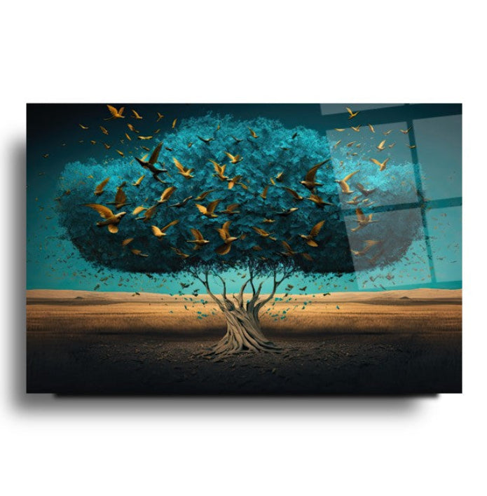 Arbre et Oiseaux Tableau en Verre Trempé