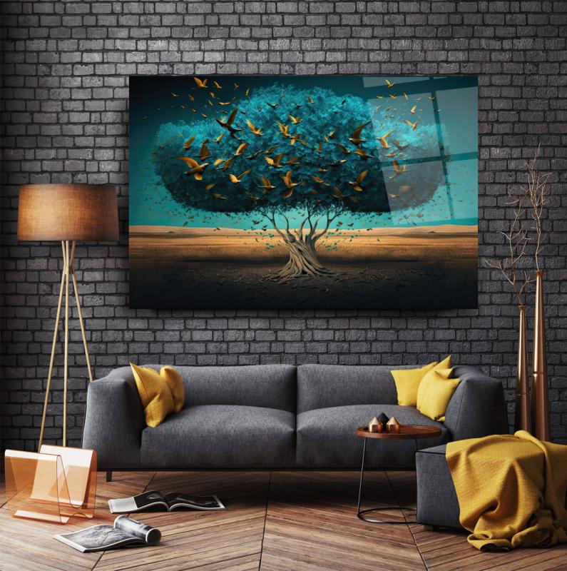 Arbre et Oiseaux Tableau en Verre Trempé