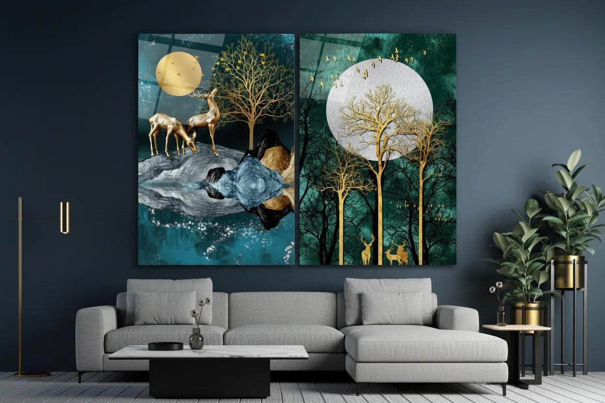 Deer Nature Duo Glass Wall Art Set - LUXARTDECO