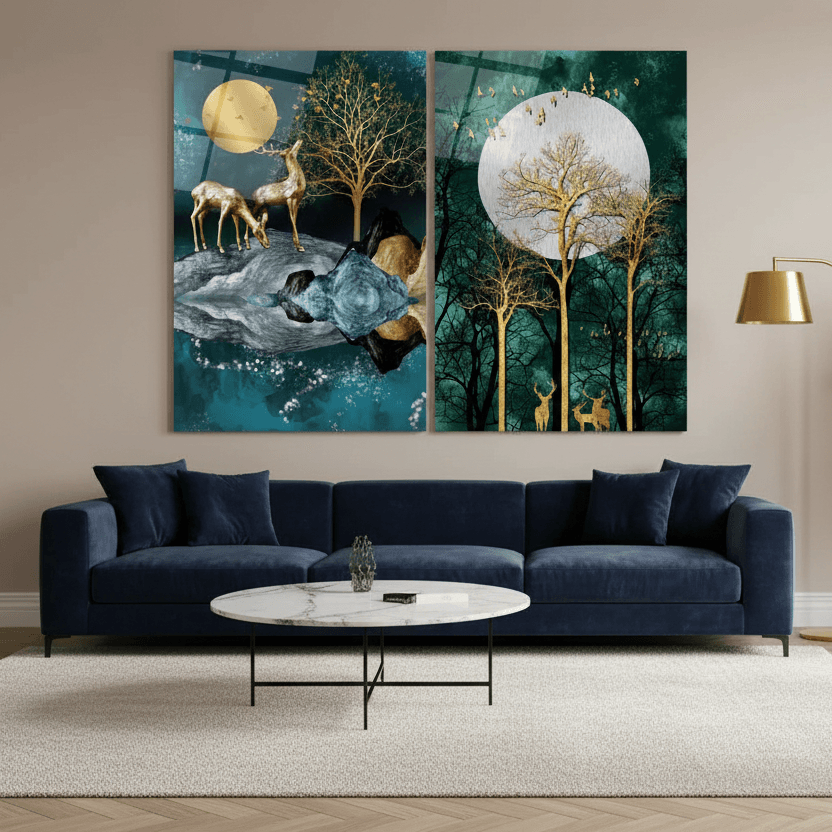 Deer Nature Duo Glass Wall Art Set