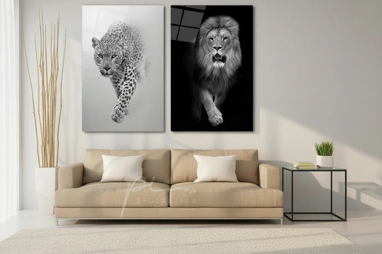 Lion and Leopard Duo Glass Wall Art Set - LUXARTDECO