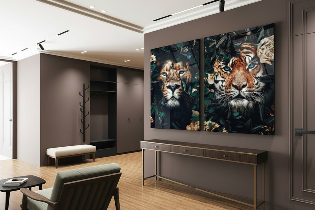 Ensemble de deux tableaux muraux en verre représentant un tigre et un lion dans la jungle