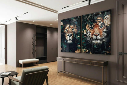 Tiger and Lion Jungle Duo Glass Wall Art Set - LUXARTDECO