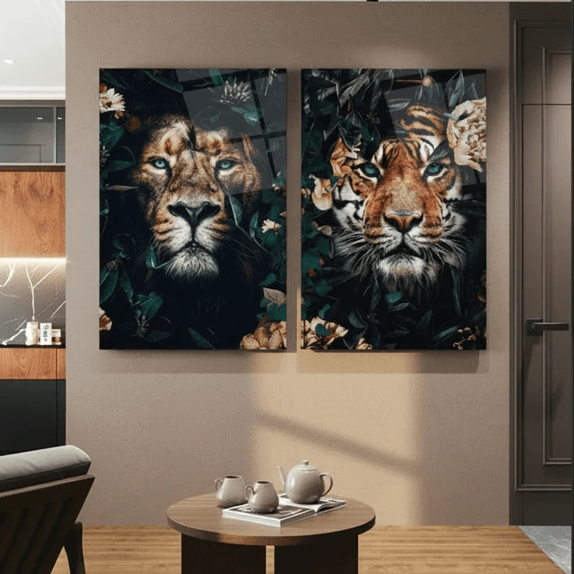 Tiger and Lion Jungle Duo Glass Wall Art Set - LUXARTDECO