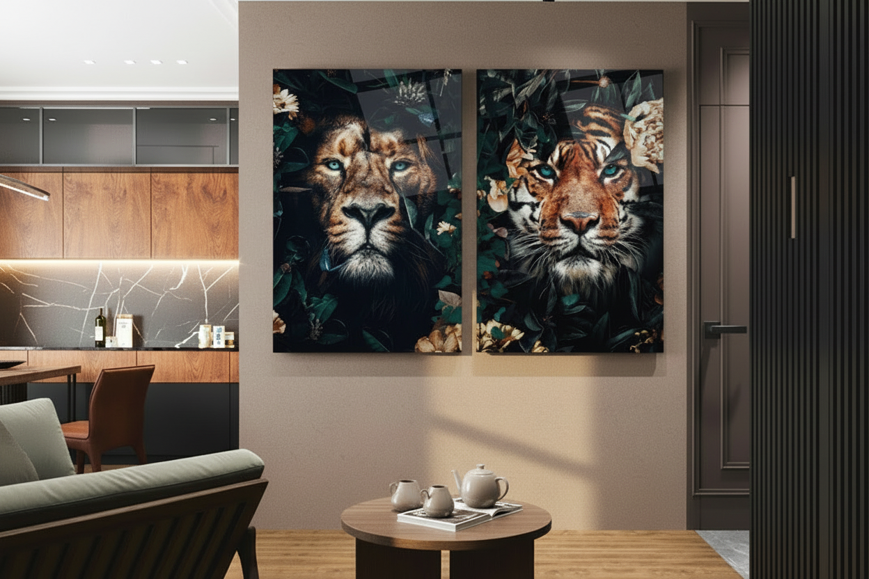 Ensemble de deux tableaux muraux en verre représentant un tigre et un lion dans la jungle