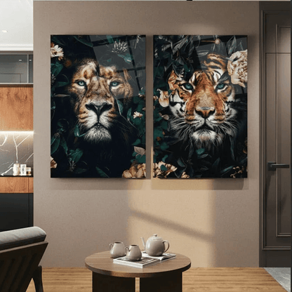 Tiger and Lion Jungle Duo Glass Wall Art Set - LUXARTDECO