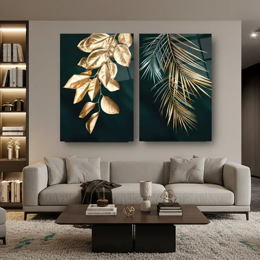 Golden Leaves Duo Glass Wall Art Set - LUXARTDECO