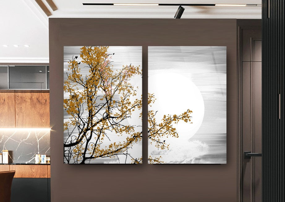 Ensemble de deux tableaux muraux en verre Arbre et Lune